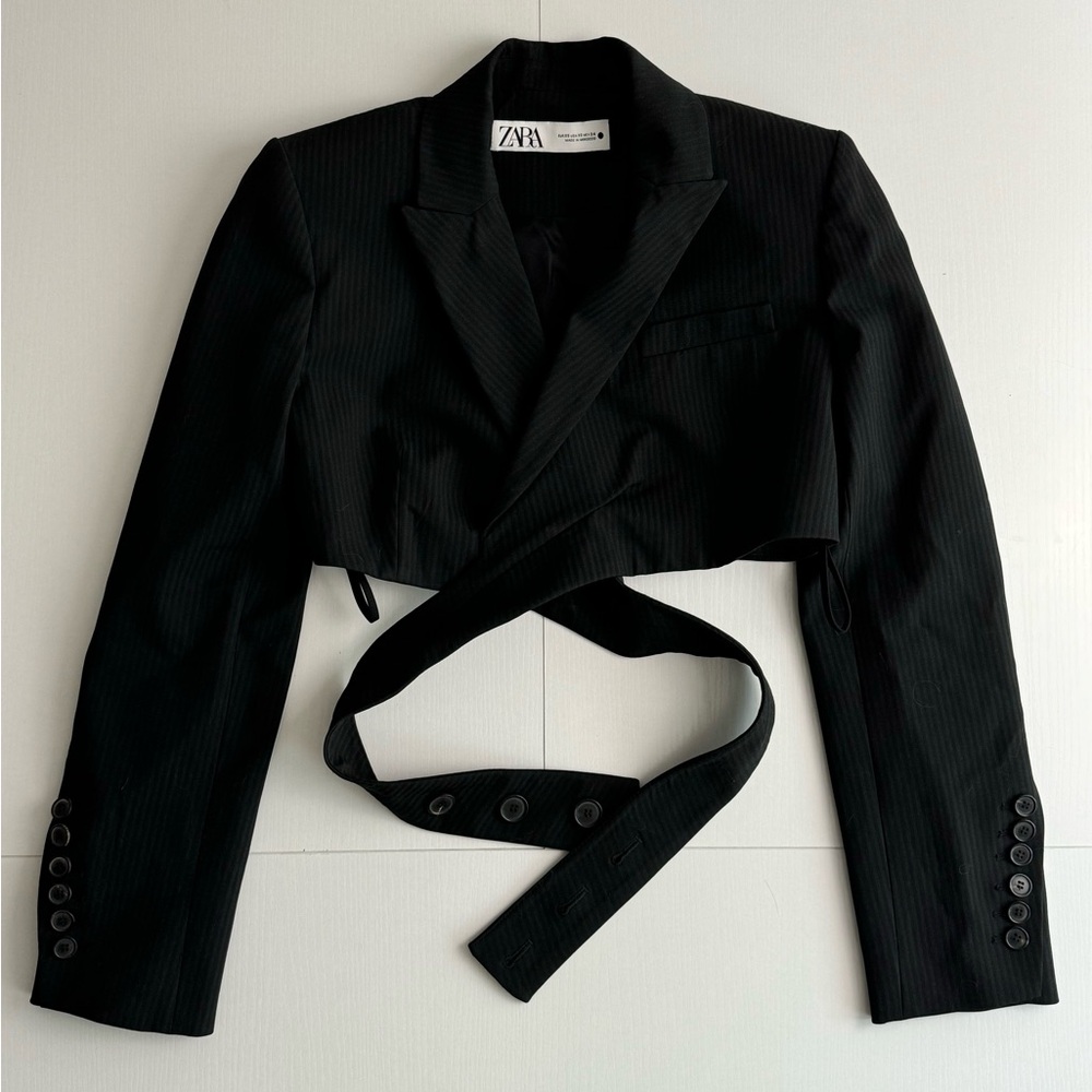 Pinstriped Cropped Blazer Jacket with Wrap-Around Detail